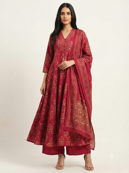 Pure Cotton  Three Piece Anarkali Dupatta Set