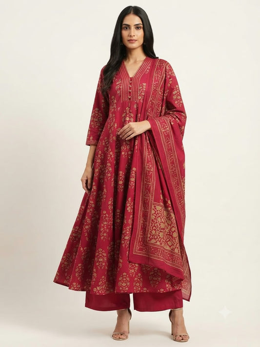 Pure Cotton  Three Piece Anarkali Dupatta Set