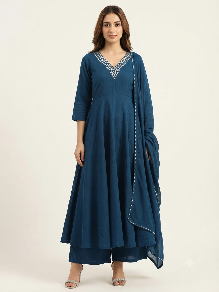 Pure Mul Cotton  Three Piece Anarkali Dupatta Set