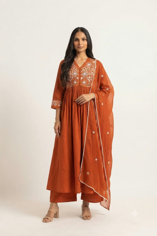 Pure Cotton  Three Piece Anarkali Dupatta Set