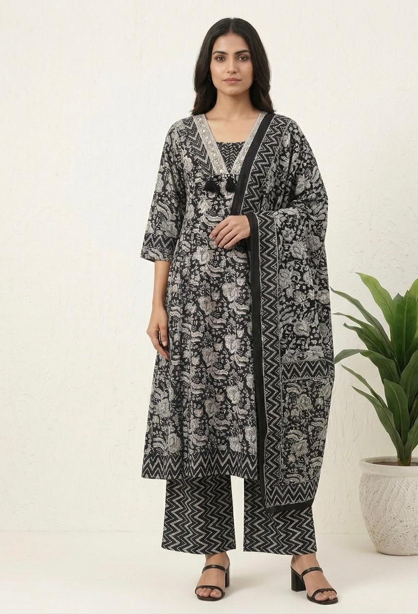 Pure Cotton Three Piece Anarkali Dupatta Set