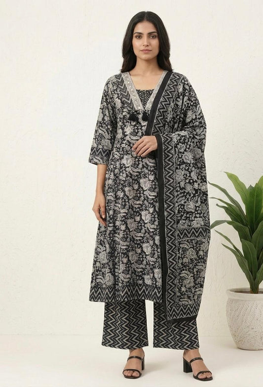 Pure Cotton Three Piece Anarkali Dupatta Set