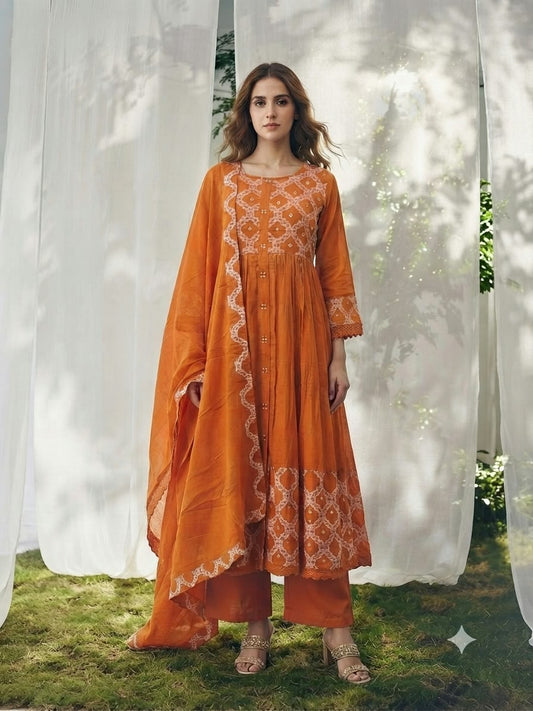 Pure Cotton A Line Anarkali Dupatta Set