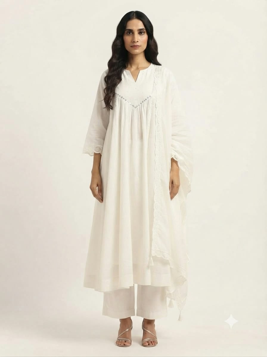 Pure Mul Chanderi Three Piece Anarkali Dupatta Set