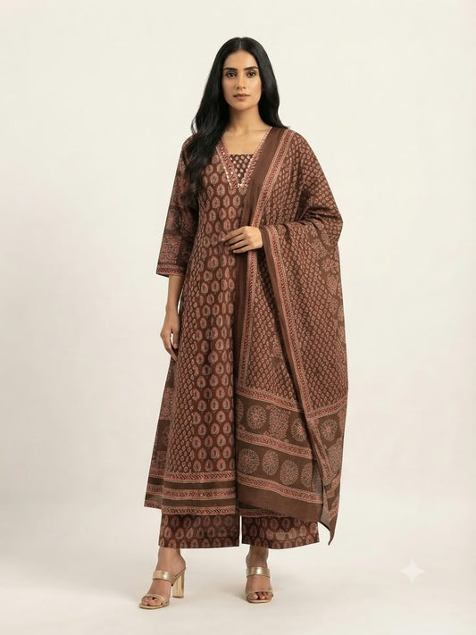 Pure Cotton  Three Piece Anarkali Dupatta Set