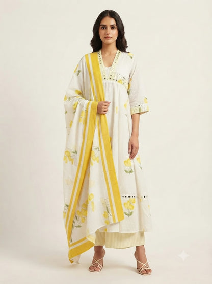Pure Mul Cotton  Three Piece Anarkali Dupatta Set