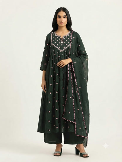 Pure Mul Cottom  Three Piece Anarkali Dupatta Set