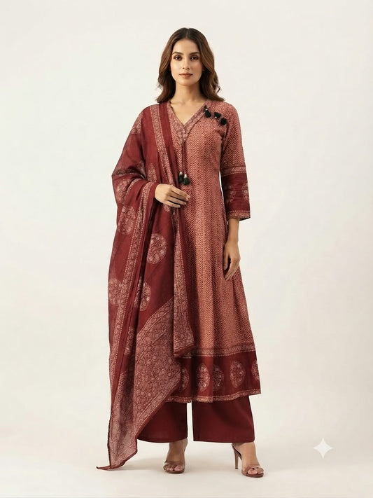 Pure Cotton  Three Piece Anarkali Dupatta Set