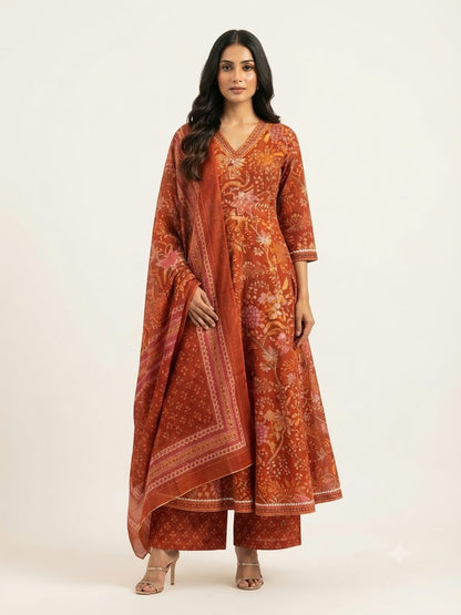 Pure Cotton  Three Piece Anarkali Dupatta Set