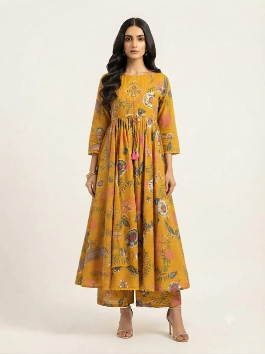 Pure Cotton  Three Piece Anarkali Dupatta Set