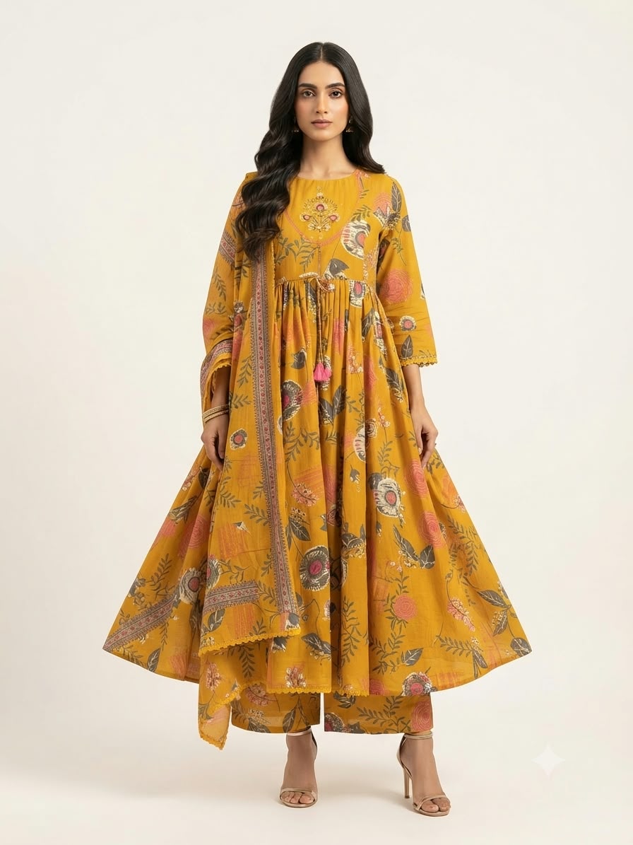 Pure Cotton  Three Piece Anarkali Dupatta Set