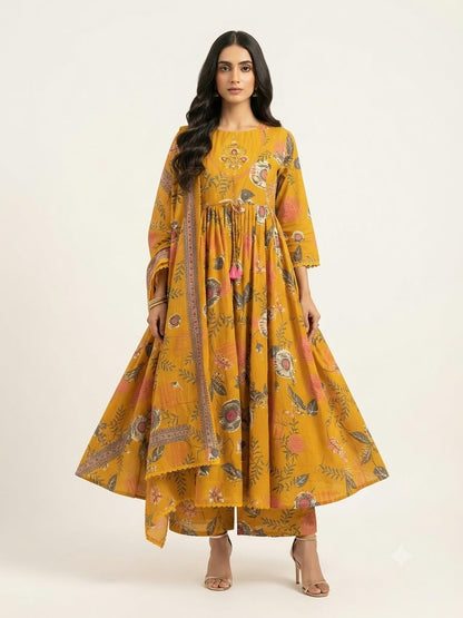 Pure Cotton  Three Piece Anarkali Dupatta Set
