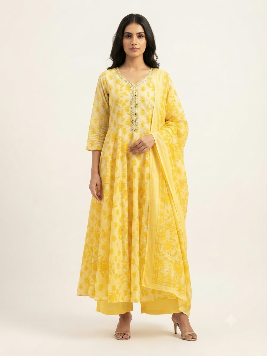 Pure  Mul Cotton  Three Piece Anarkali Dupatta Set