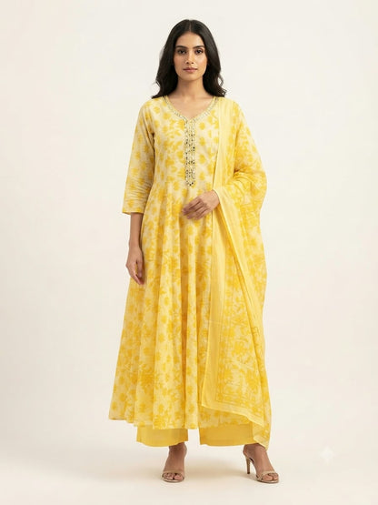 Pure  Mul Cotton  Three Piece Anarkali Dupatta Set