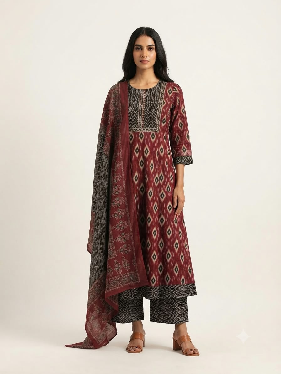 Pure Cotton  Three Piece Anarkali Dupatta Set