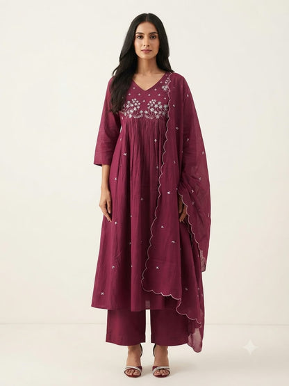 Pure  Mul Cotton  Three Piece Anarkali Dupatta Set