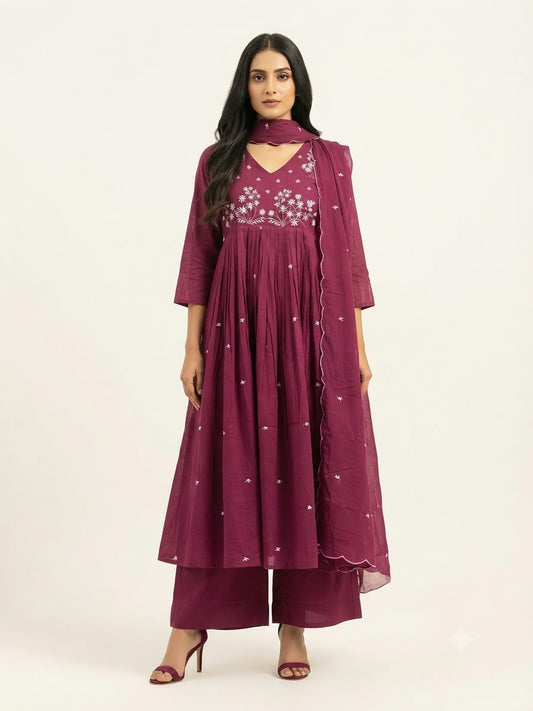 Pure  Mul Cotton  Three Piece Anarkali Dupatta Set