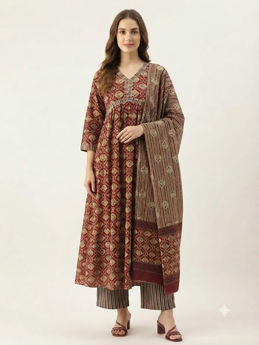 Pure Cotton  Three Piece Anarkali Dupatta Set