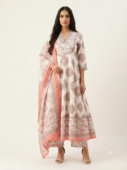 Pure Cotton  Three Piece Anarkali Dupatta Set