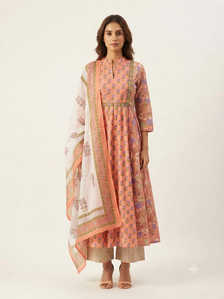 Pure Cotton  Three Piece Anarkali Dupatta Set