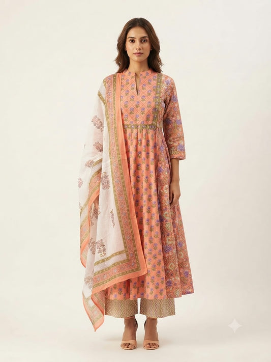 Pure Cotton  Three Piece Anarkali Dupatta Set