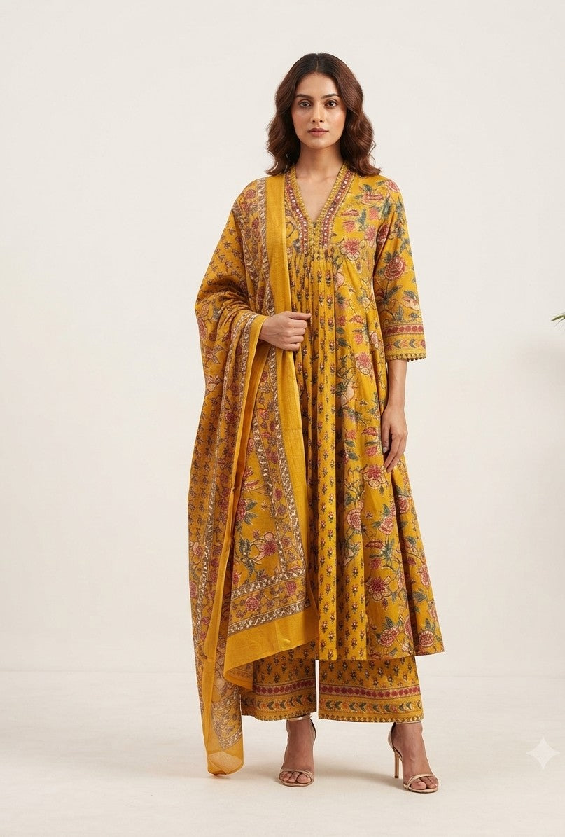 Pure Cotton  Three Piece Anarkali Dupatta Set