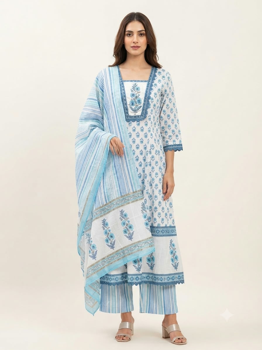 Pure Cotton  Three Piece Anarkali Dupatta Set