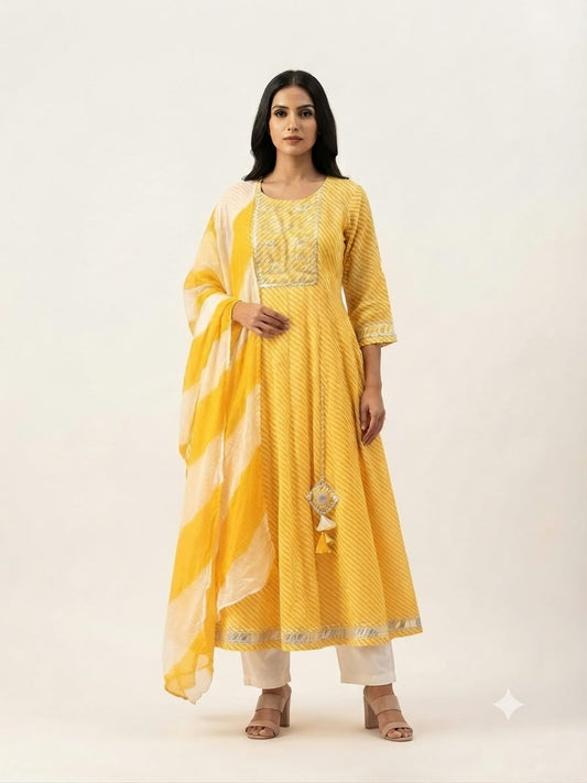 Pure Cotton  Three Piece Anarkali Dupatta Set