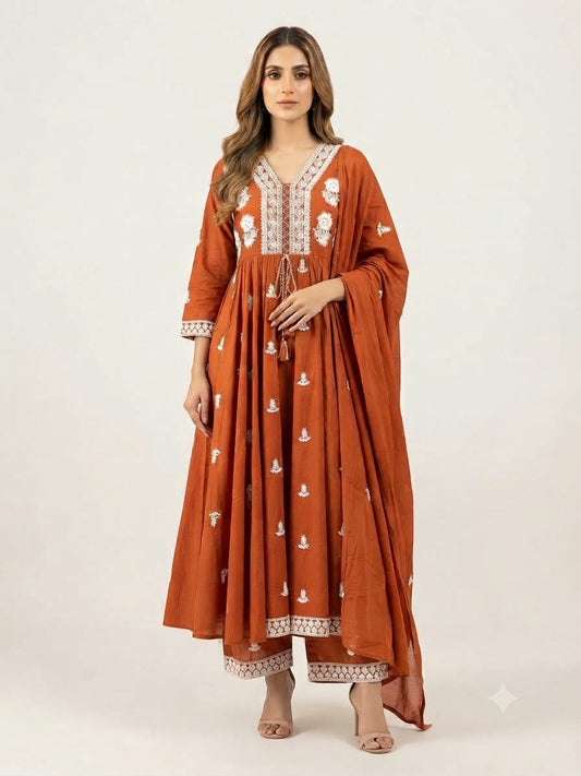 Pure Cotton Three Piece Anarkali Dupatta Set