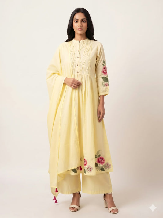 Pure Cotton Three Piece Anarkali Dupatta Set