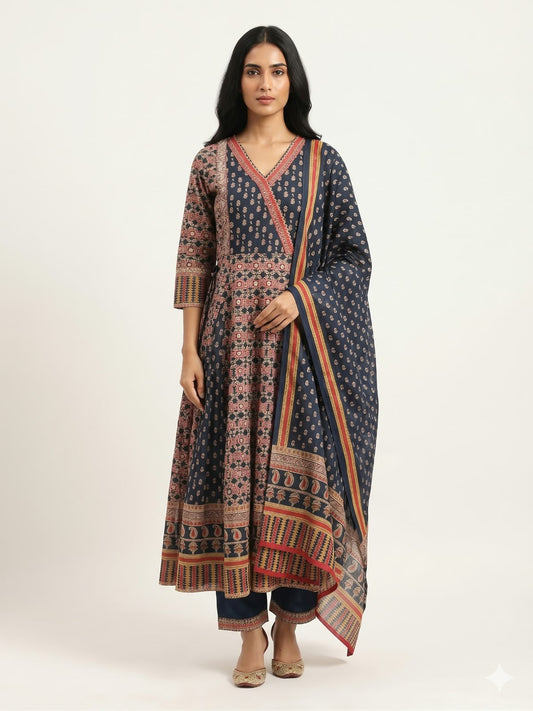 Pure Cotton Three Piece Anarkali Dupatta Set
