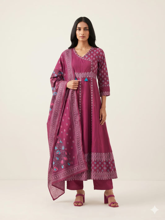 Pure Cotton Three Piece Anarkali Dupatta Set
