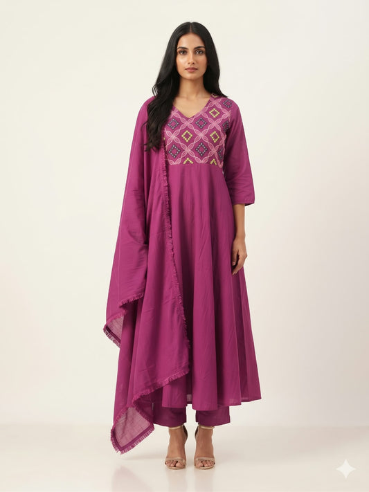 Pure Cotton Three Piece Anarkali Dupatta Set