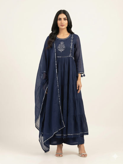 Pure  Mul Cotton Three Piece Anarkali Dupatta Set