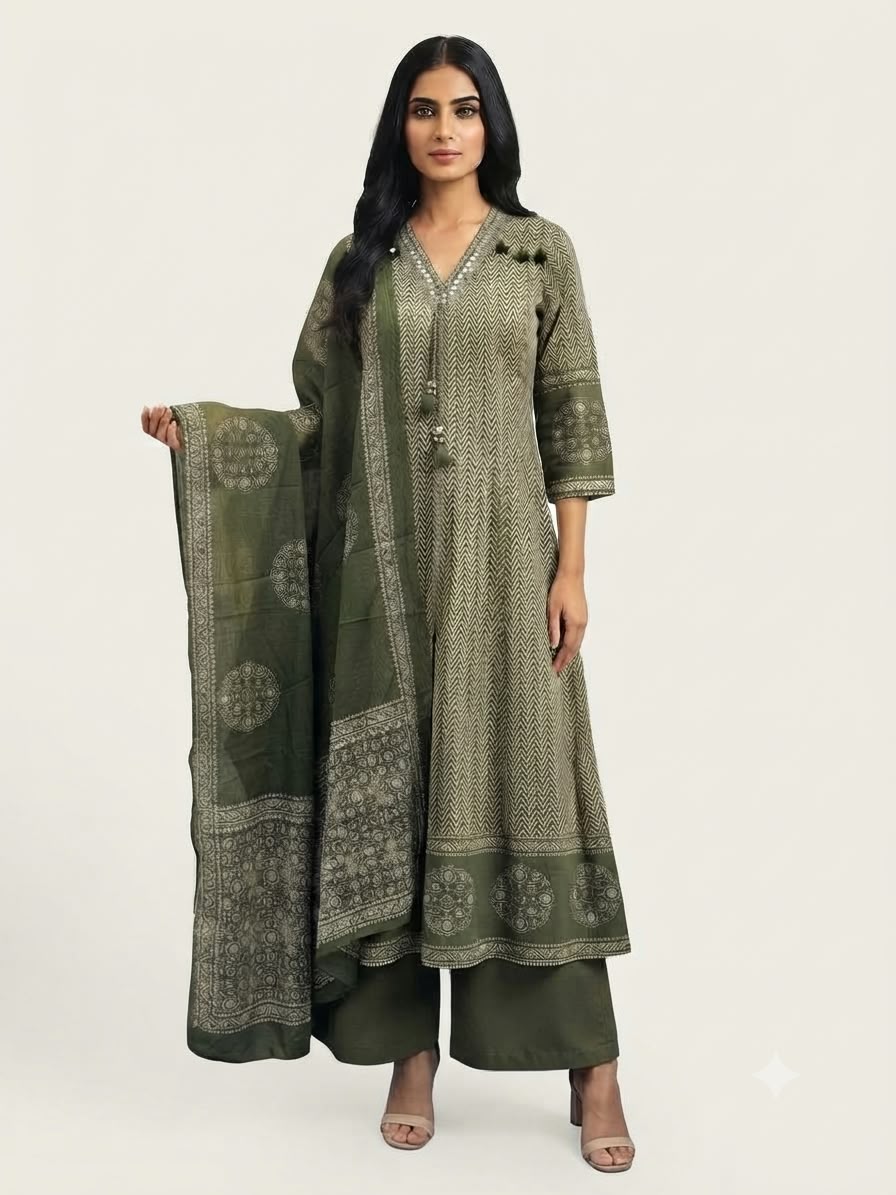 Pure Cotton Three Piece Anarkali Dupatta Set