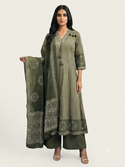 Pure Cotton Three Piece Anarkali Dupatta Set
