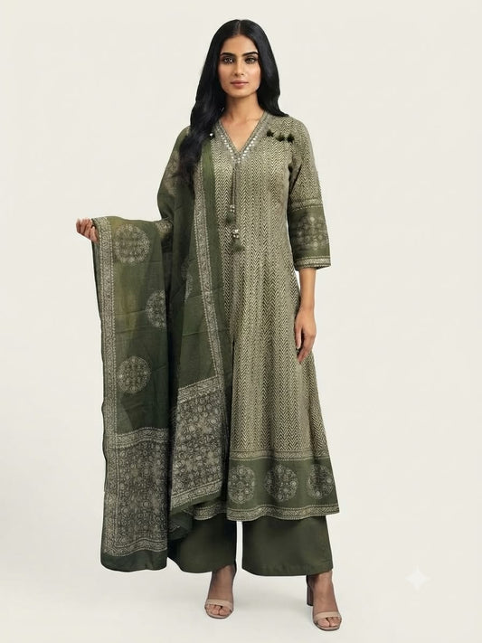 Pure Cotton Three Piece Anarkali Dupatta Set