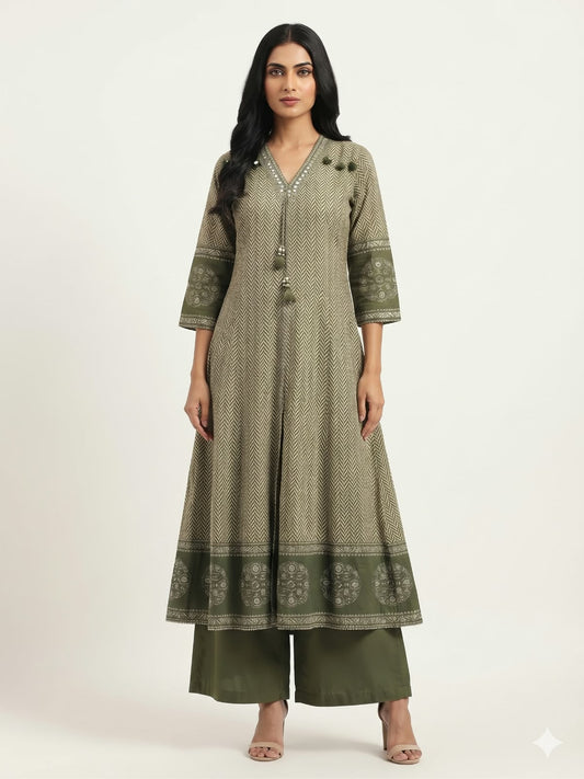 Pure Cotton Three Piece Anarkali Dupatta Set