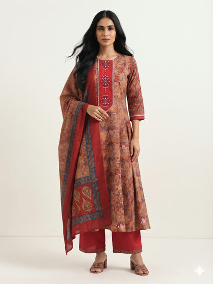 Pure Cotton Three Piece Anarkali Dupatta Set