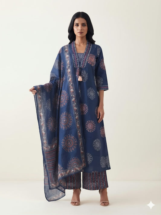 Pure Cotton Three Piece Anarkali Dupatta Set