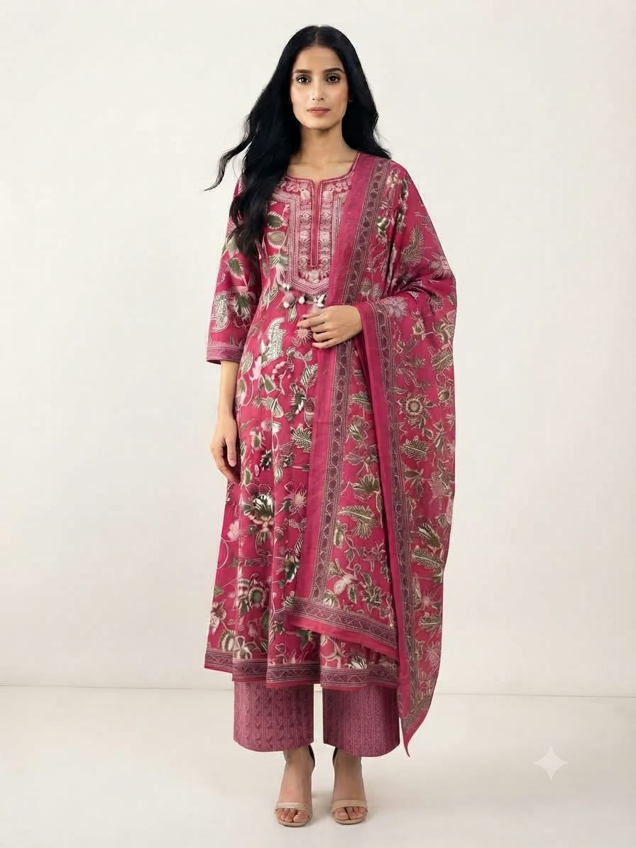 Pure Cotton Three Piece Anarkali Dupatta Set