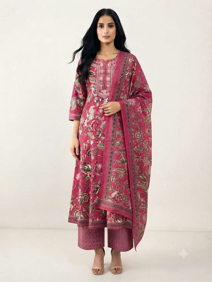 Pure Cotton Three Piece Anarkali Dupatta Set