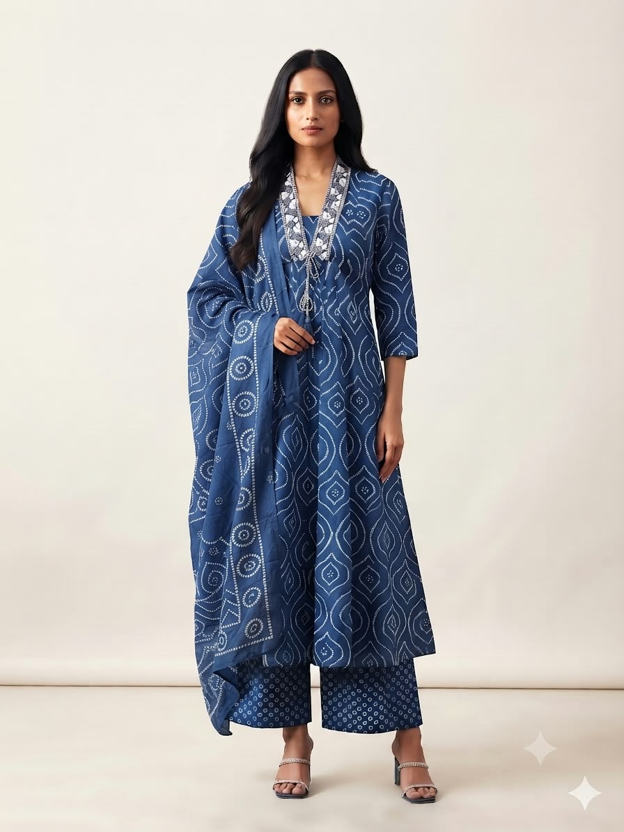 Pure Cotton Three Piece Anarkali Dupatta Set
