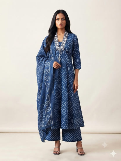 Pure Cotton Three Piece Anarkali Dupatta Set