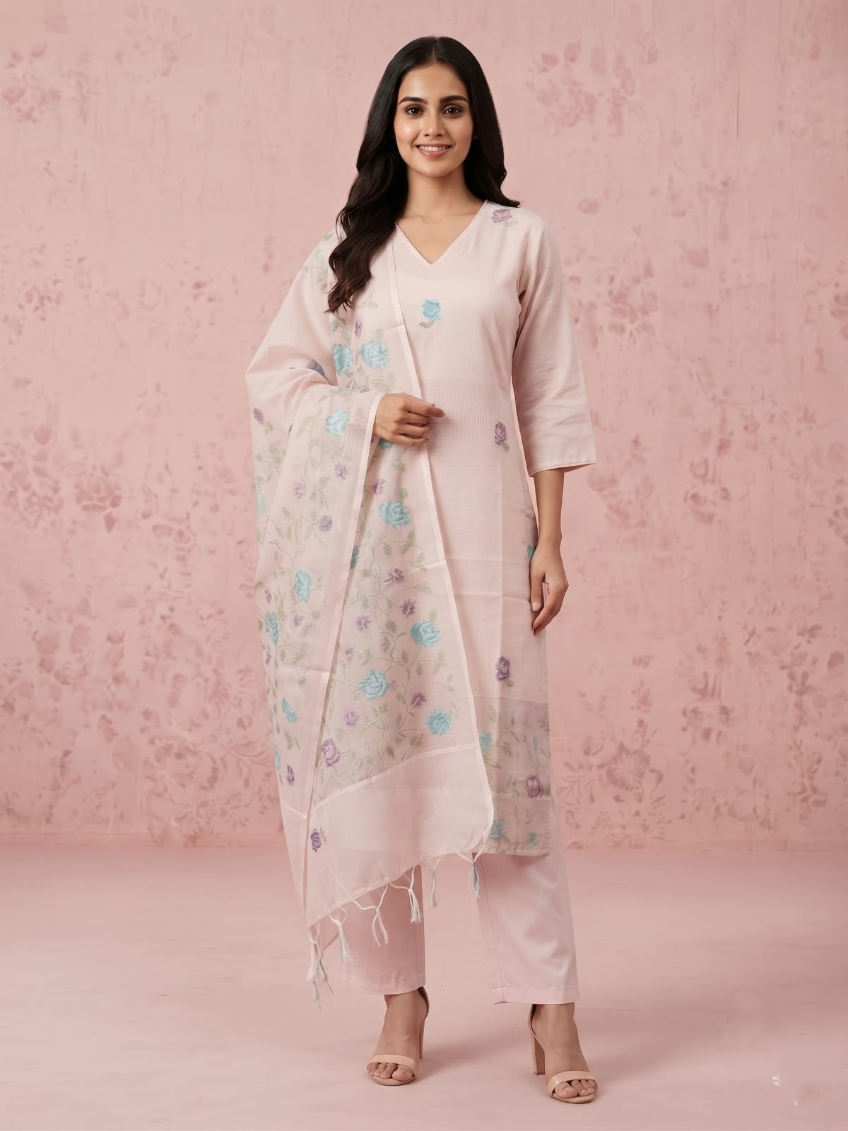 Pure Kota Doria Three Piece Dupatta Set With Inner  KD069