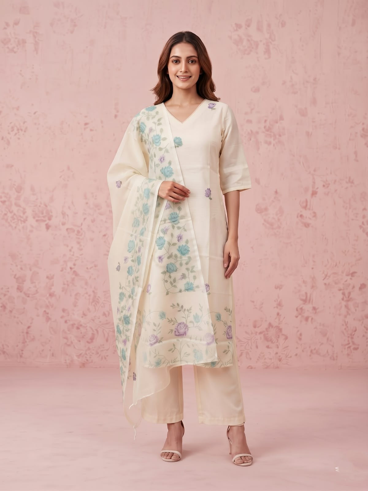 Pure Kota Doria Three Piece Dupatta Set With Inner  KD069