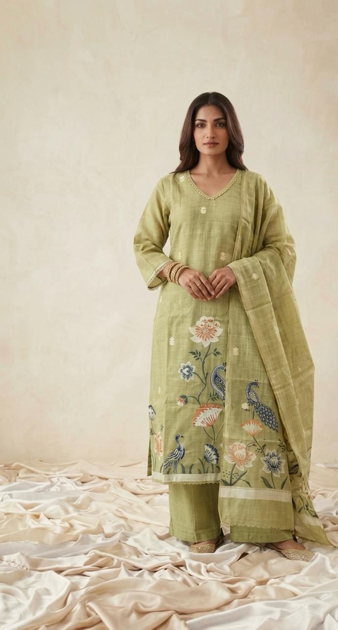 Pure Chanderi Three Piece Dupatta Set With Inner CHS053