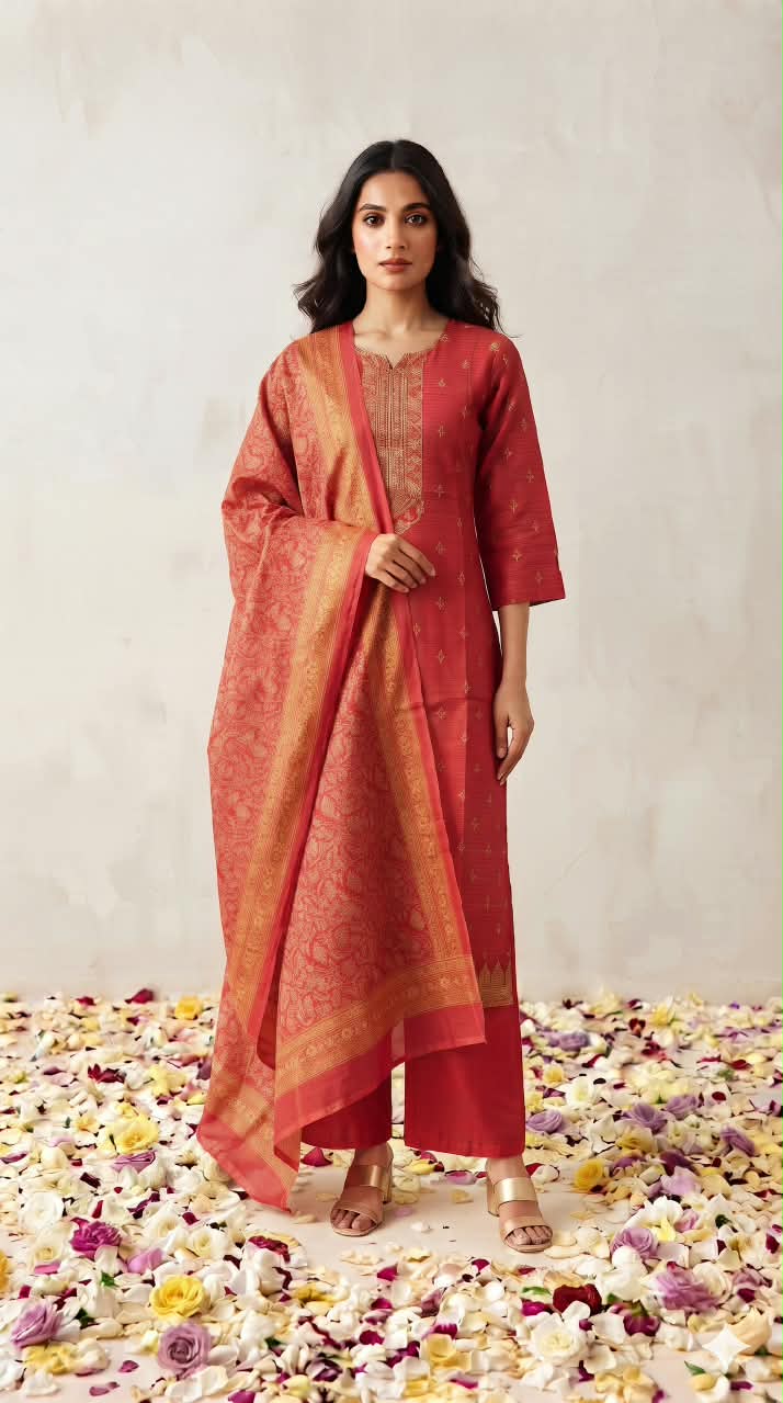 Premium Chanderi Silk Three Piece Dupatta Set With Inner CHS054