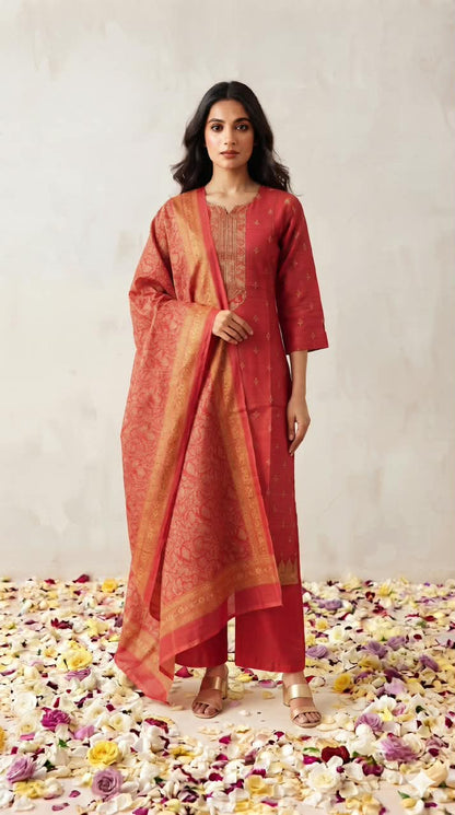 Premium Chanderi Silk Three Piece Dupatta Set With Inner CHS054