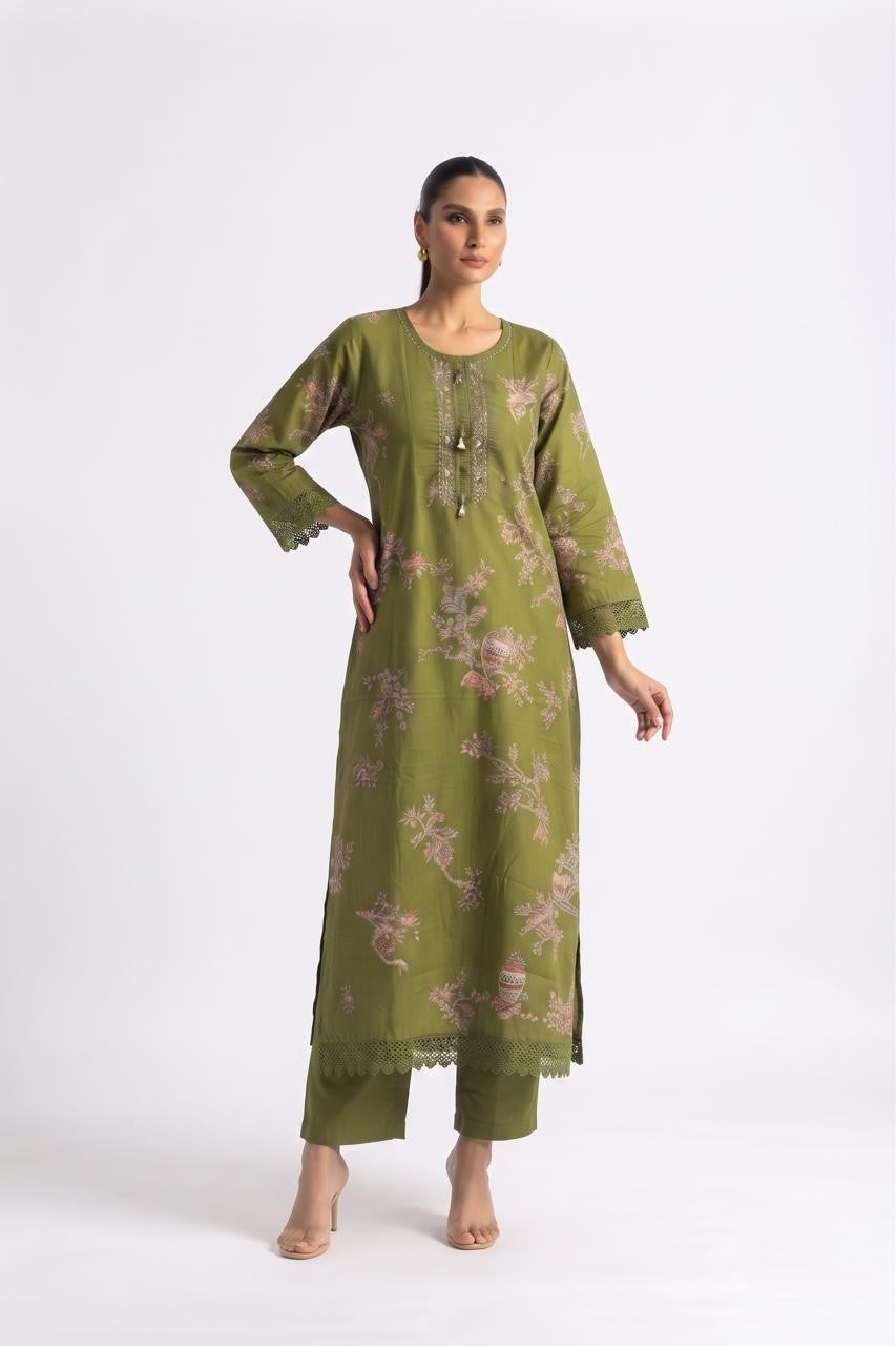 Printed  Cotton Dupatta Set With Lace Work  CS0406